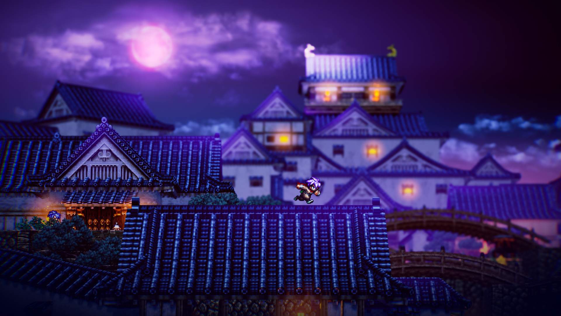 Character from Twilight of Edo Japan leaping across japanese rooftops at night.